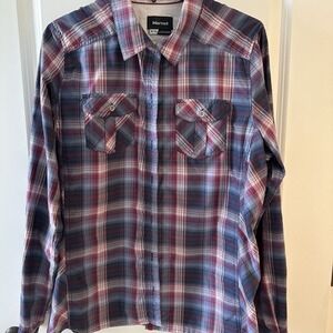 Marmot Shirt Women's‎ XL Blue Burgundy Plaid Roll Tab Button Up Hiking Outdoors